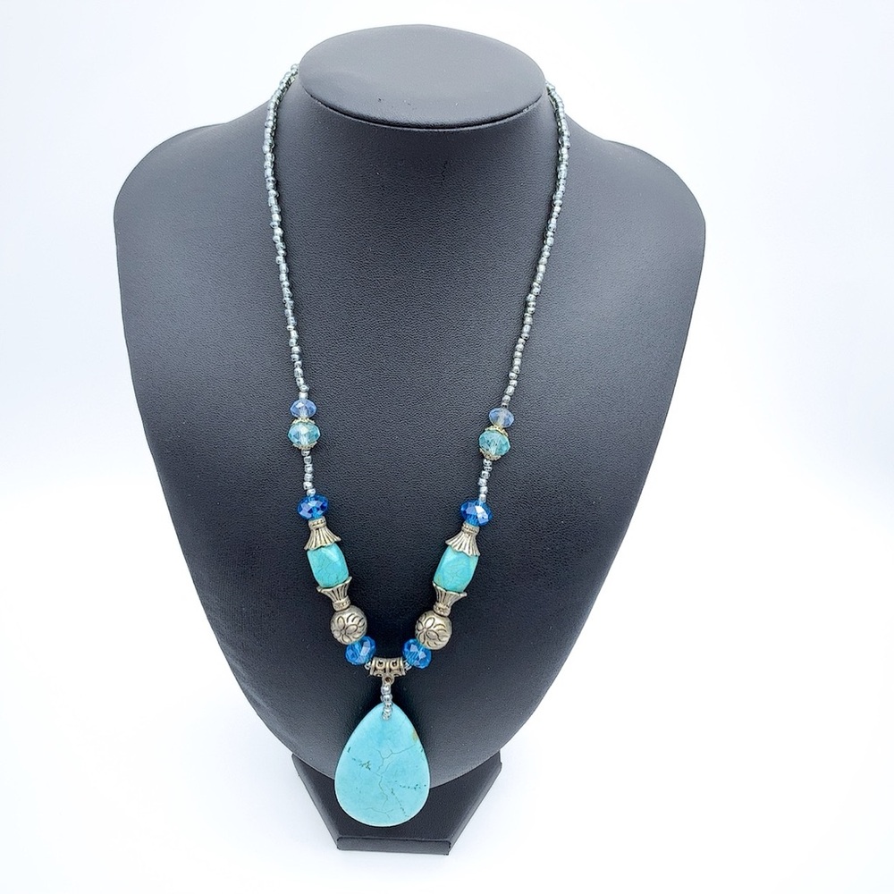 Howlite Pendant and Silver-Tone Beaded Necklace
